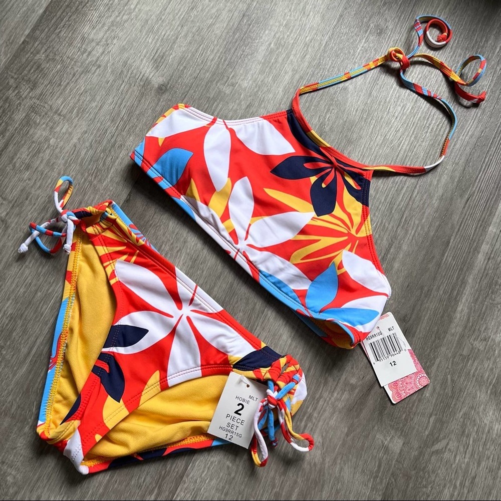 Hobie• Girls Vintage Hawaiian Print Hi Neck Bikini Set